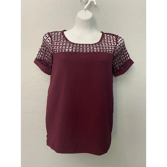 Women's Moral Fiber Burgundy Lace Crochet Zipper Back Blouse - Picture 2 of 8